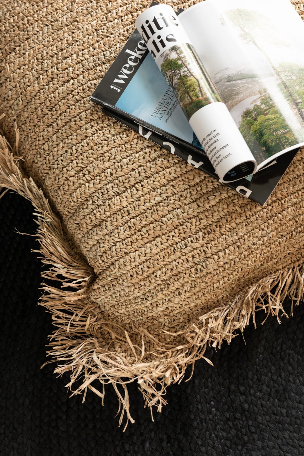 Boho Raffia-Kissen Natur im rechteckigen Format