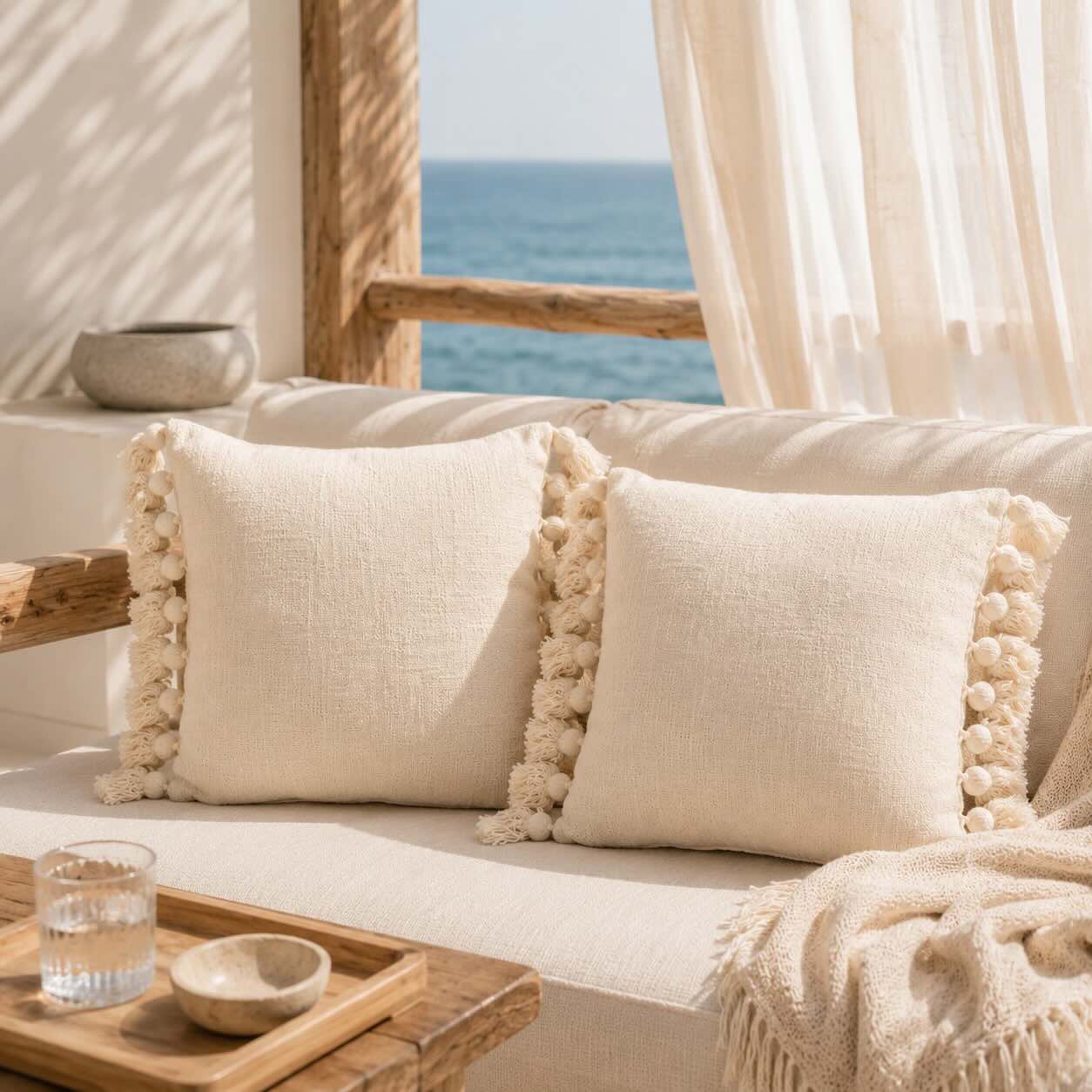 2er Set - Boho Kissen Beige mit Quasten