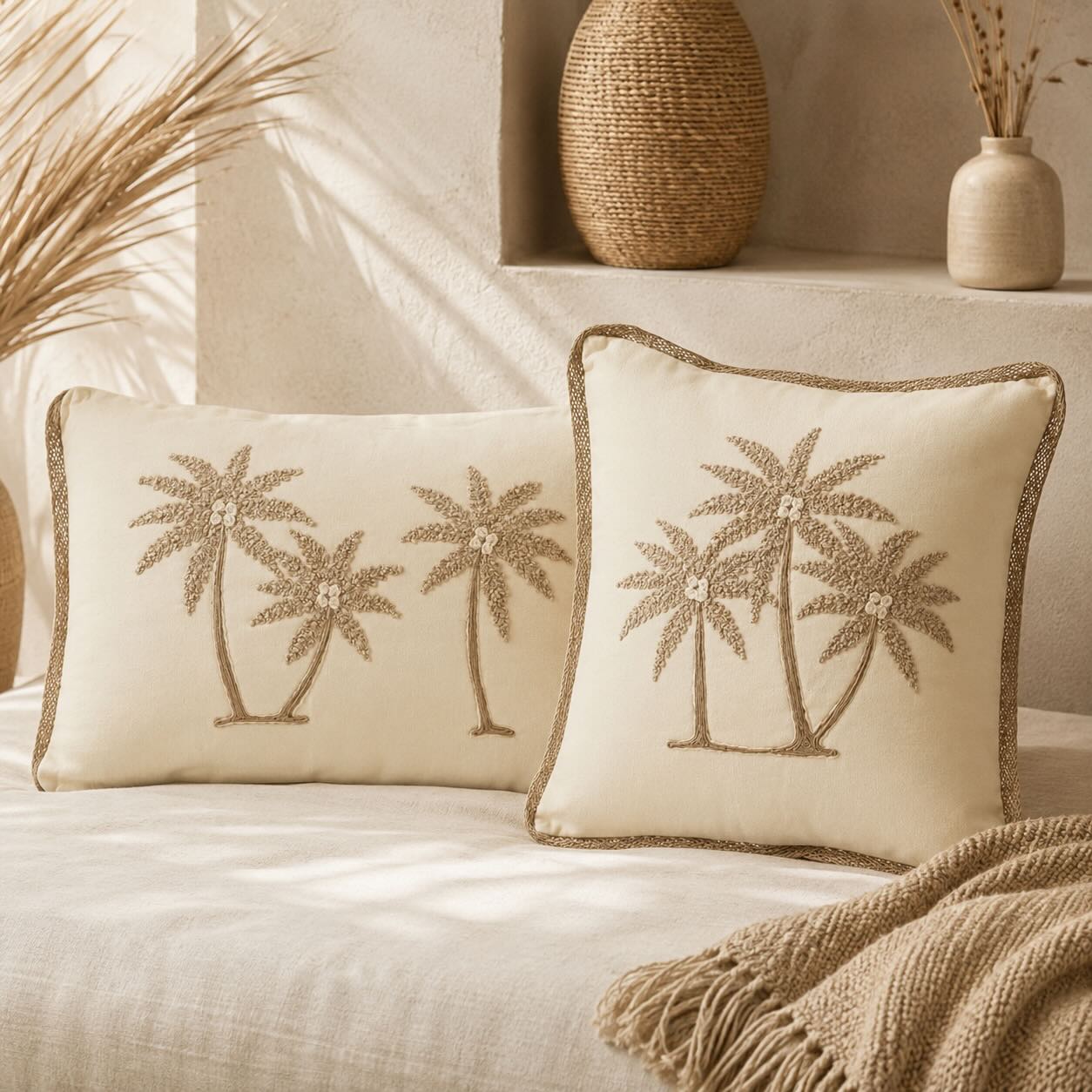 2er Set - Maritimes Kissen mit Palmenmotiv, Creme/Beige