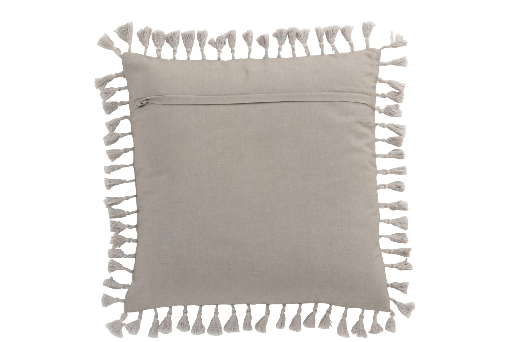 Graues Samtkissen im Boho Stil auf hellem Sofa dekoriert