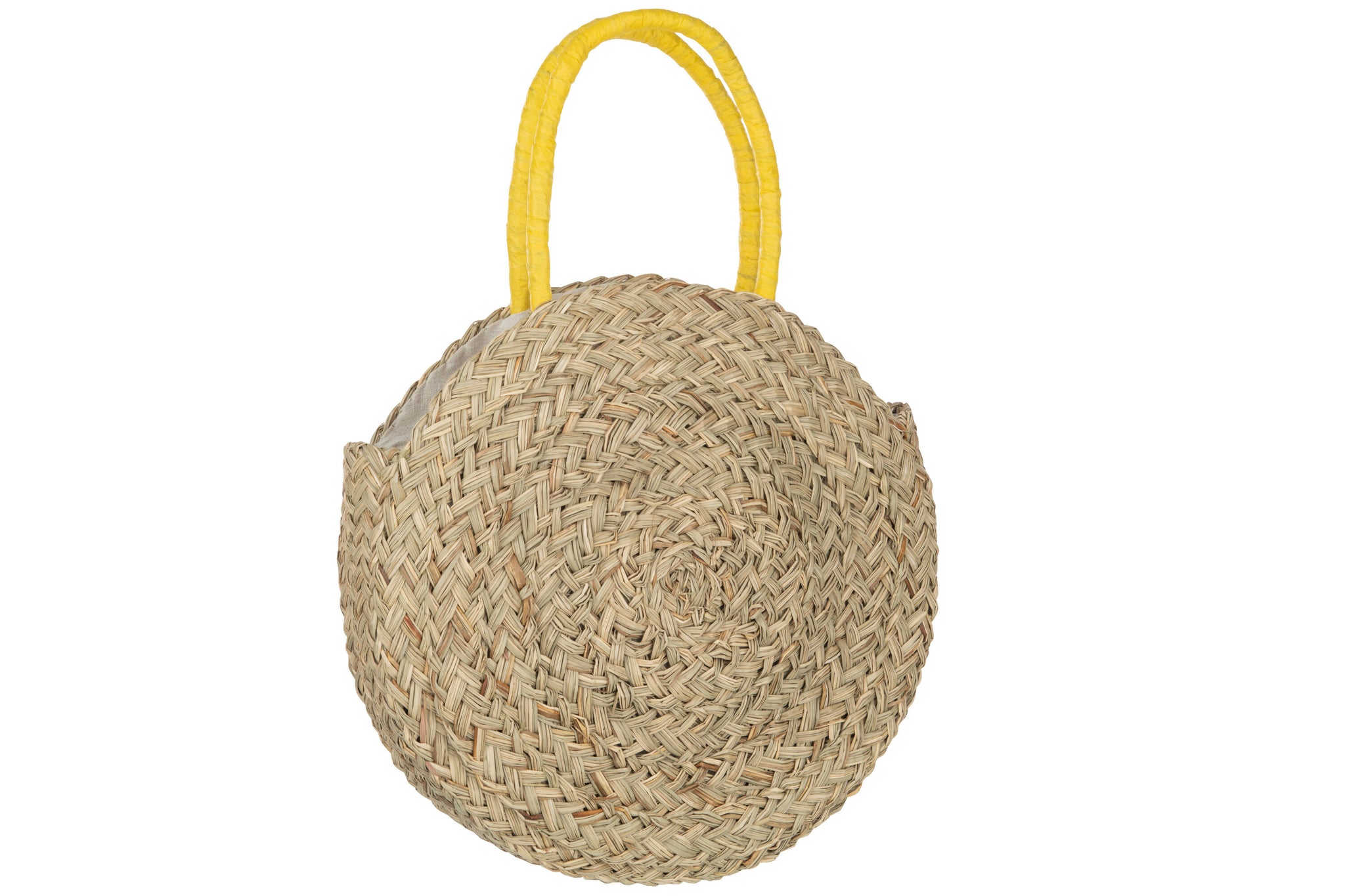 Runde Strandtasche aus Seegras mit Blumenmuster, Natur/Gelb