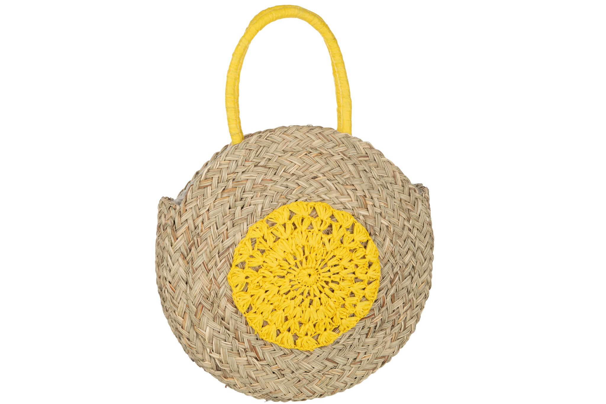 Runde Strandtasche aus Seegras mit Blumenmuster, Natur/Gelb