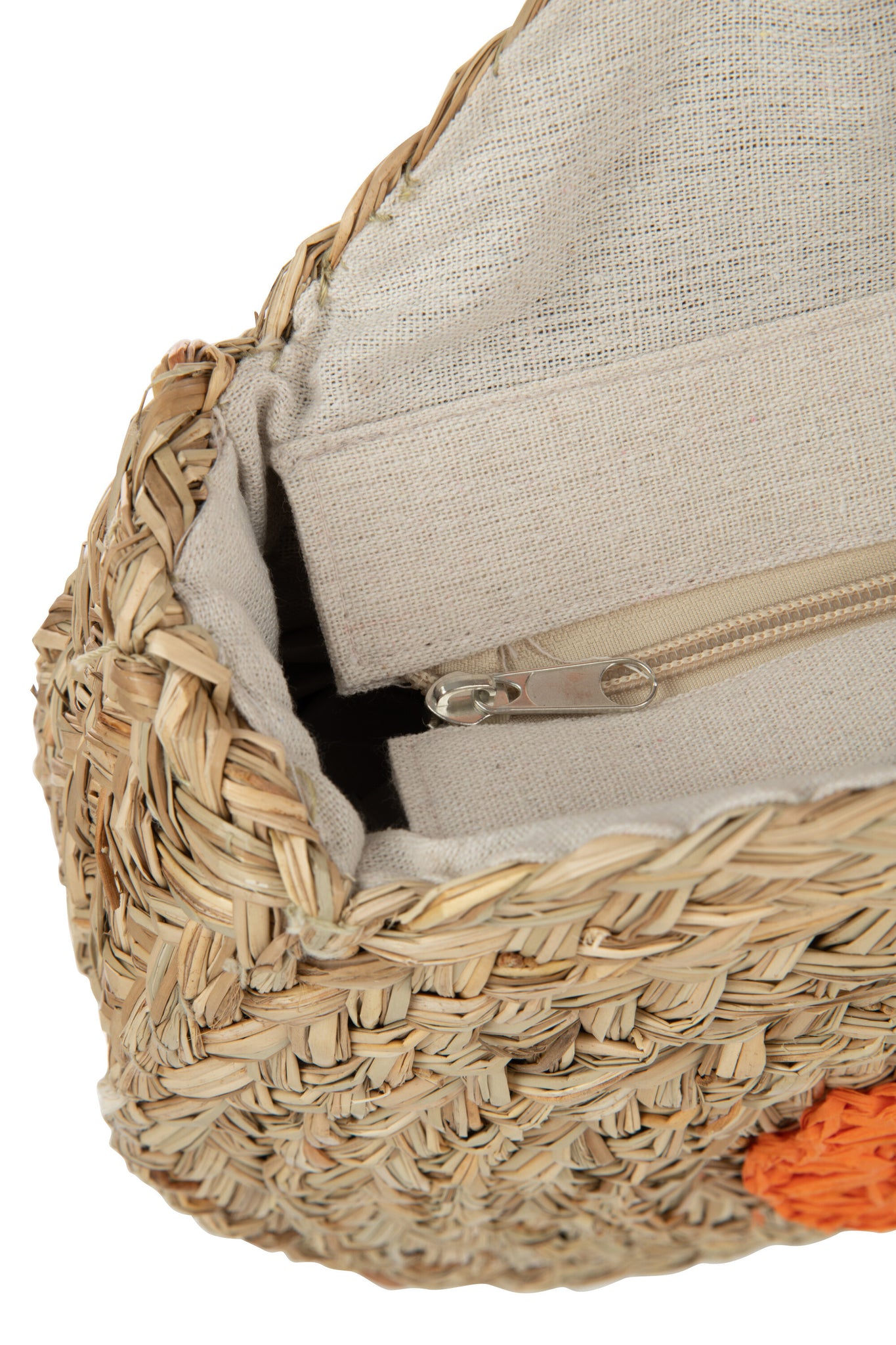 Runde Strandtasche aus Seegras mit Blumenmuster, Natur/Orange