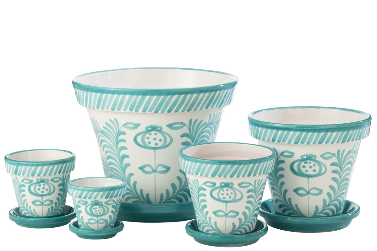 Pot de fleurs + soucoupe Granada ; Aqua/Blanc (M)