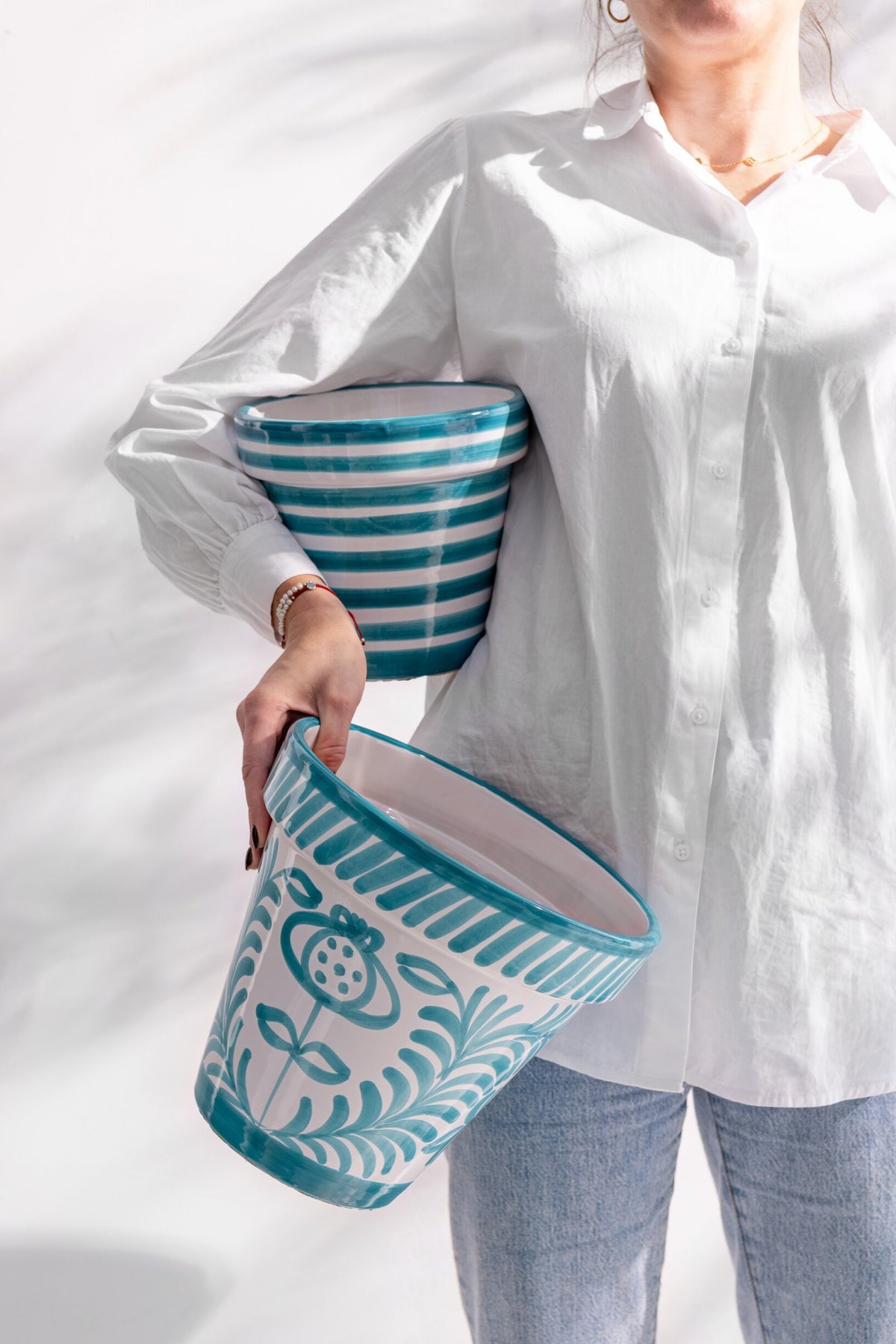 Cache-pot + soucoupe Granada-Streifen, Aqua/Blanc (S)