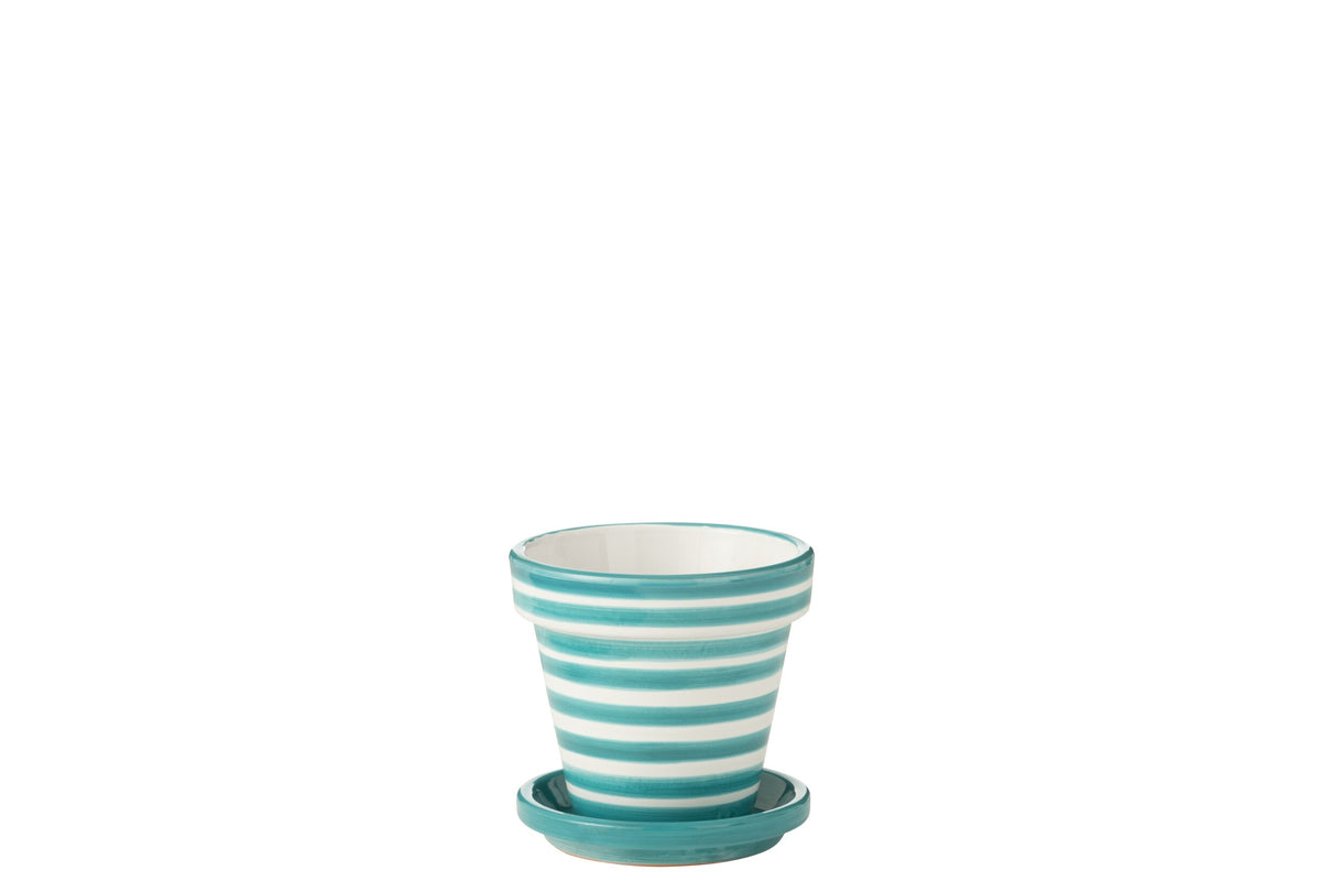 Cache-pot + soucoupe Granada-Streifen, Aqua/Blanc (S)