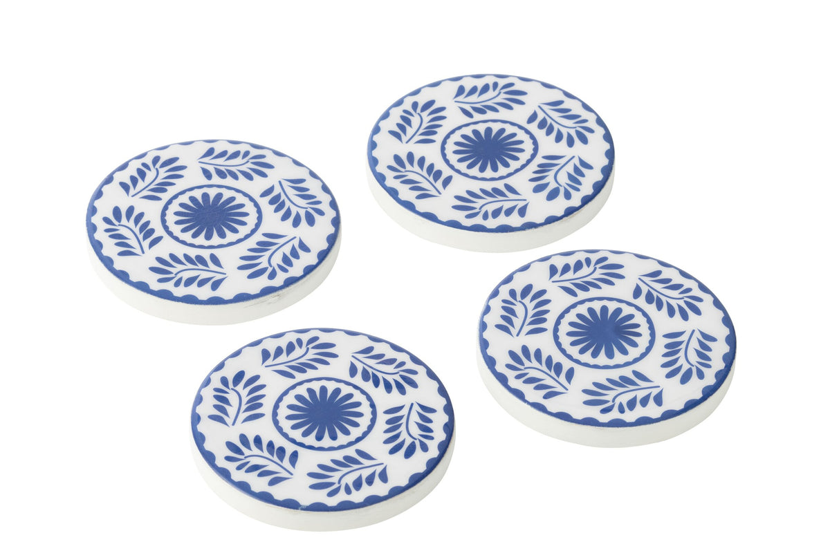 4er-Set Untersetzer aus Mangoholz blau weiß mit Blumenmuster