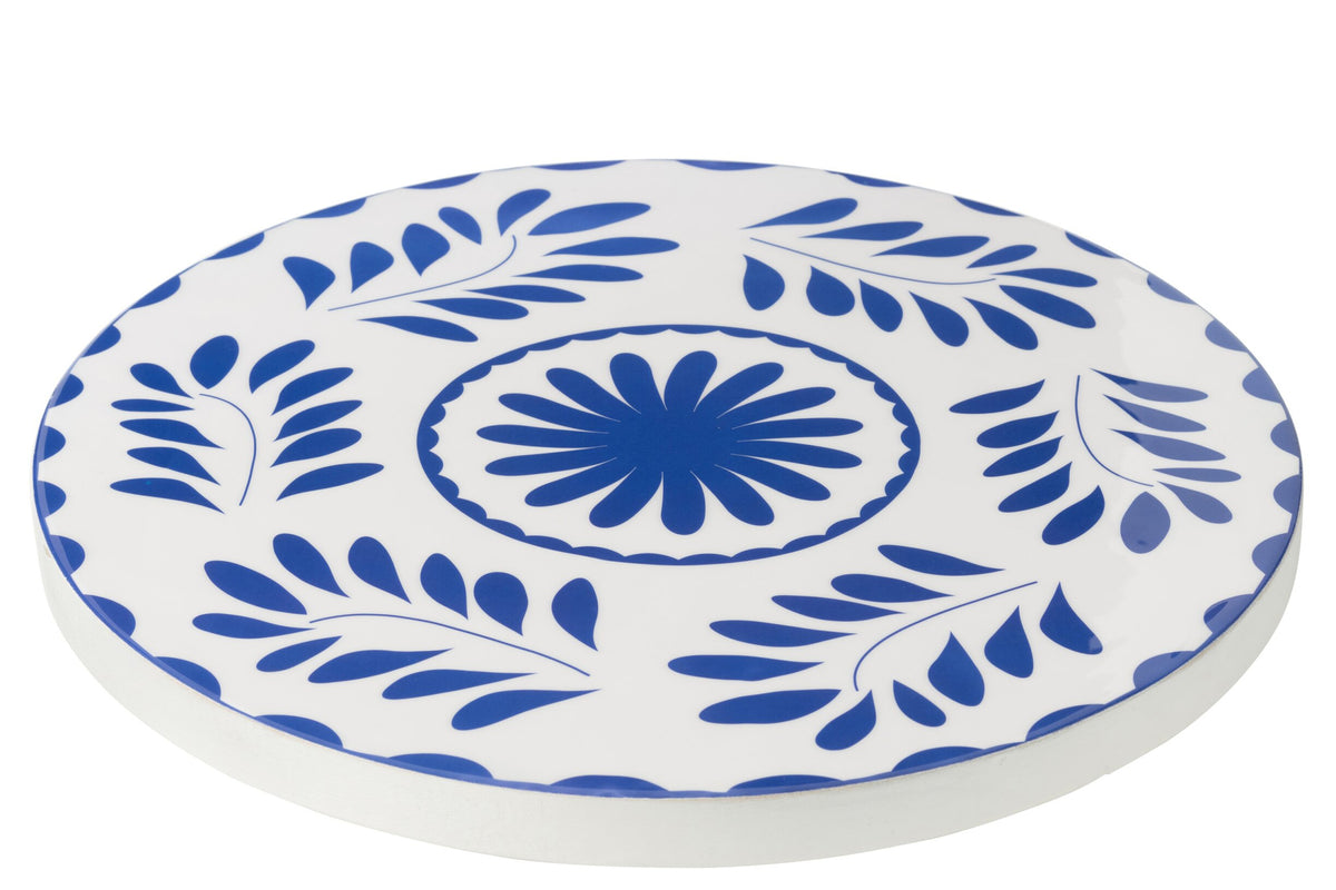 Serviertablett mit Blumenmuster, Mangoholz, blau/weiß