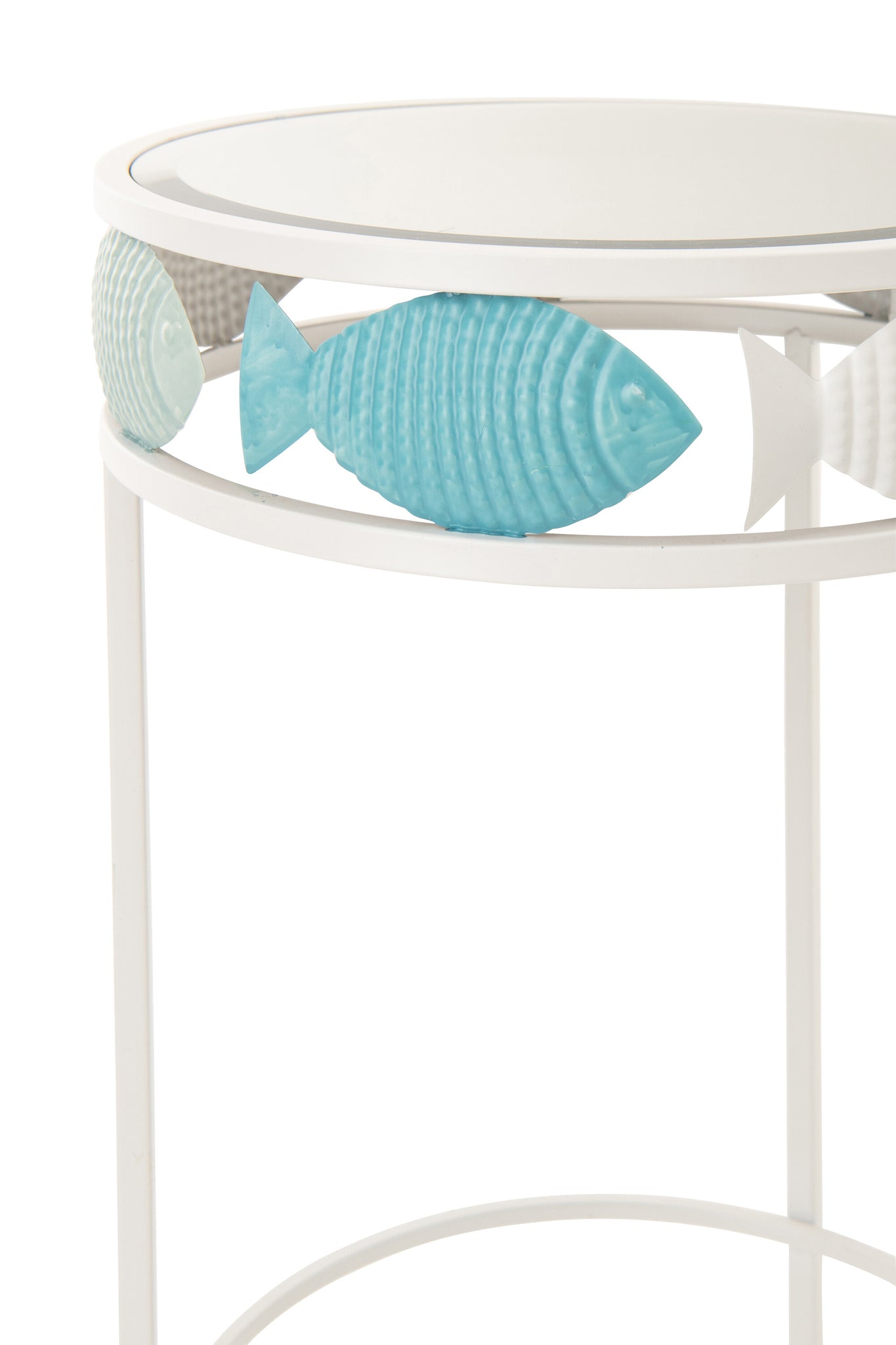 Set aus 2 Beistelltischen in Fischform, aus Eisen, hellblau/weiß