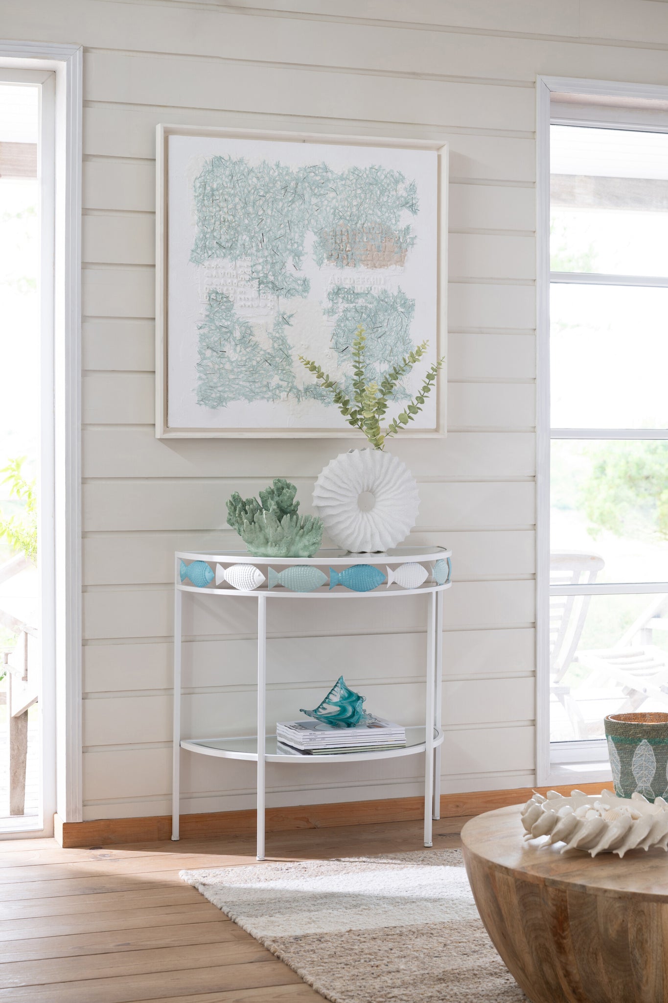 Fisch Konsole Hellblau Weiß moderne maritime Möbel Konsole Fisch Konsole Hellblau Weiß dekorativer Konsolentisch Küstenstil