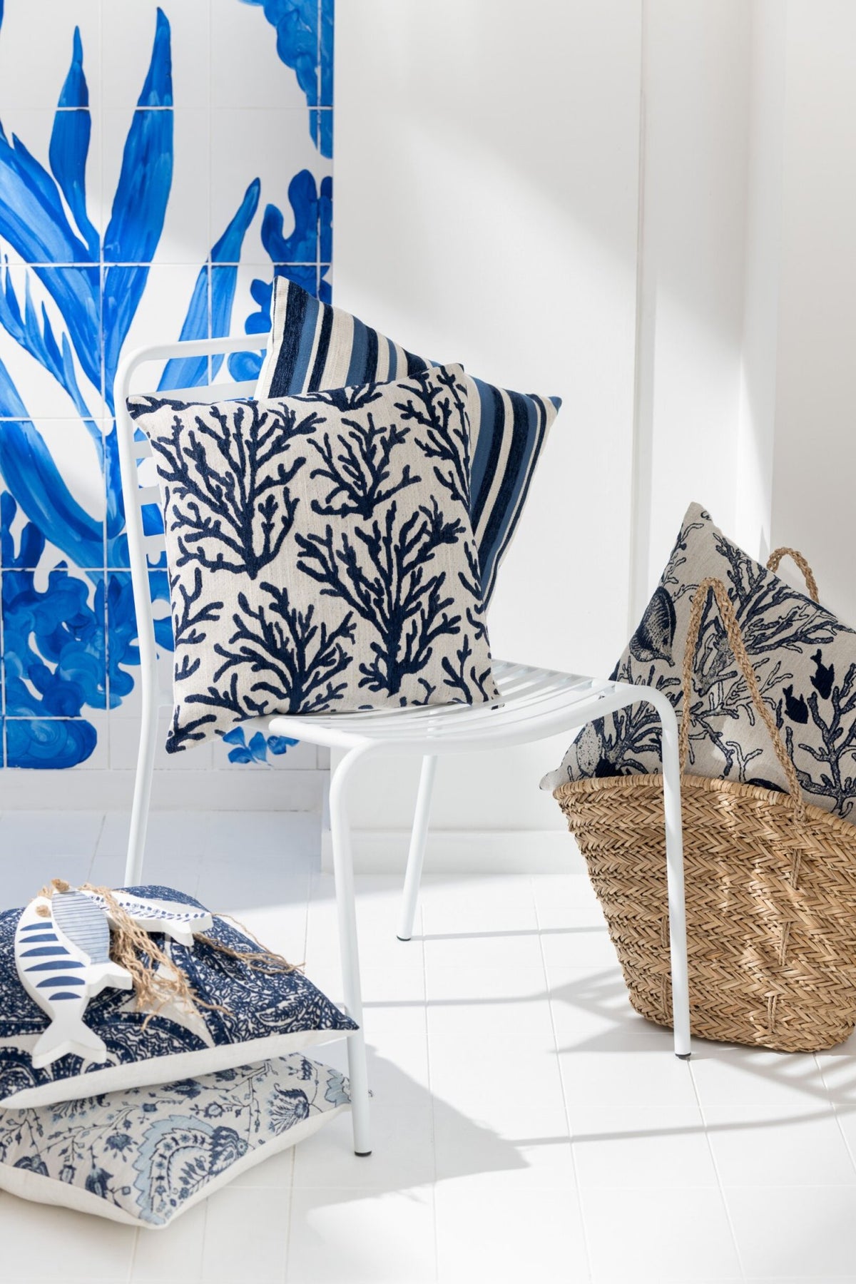 Dekokissen Koralle Blau/Off-White (3er Set)