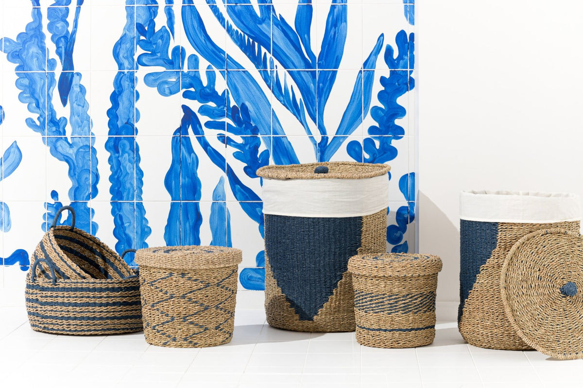 Korbset Gestreift Natur/Blau (2er Set)
