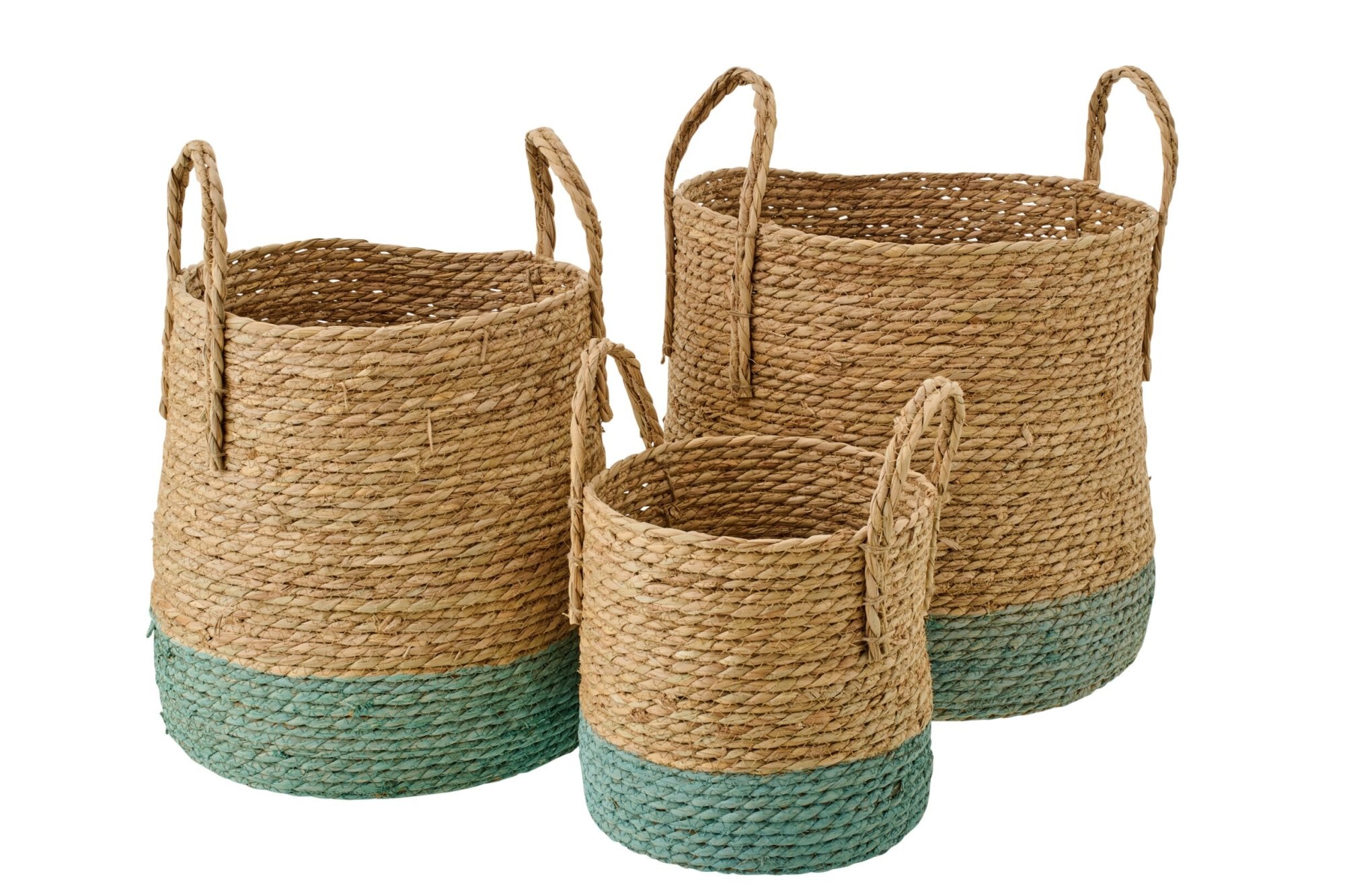 Boho Korbset in Natur und Salbeigrün aus geflochtenen Naturfasern