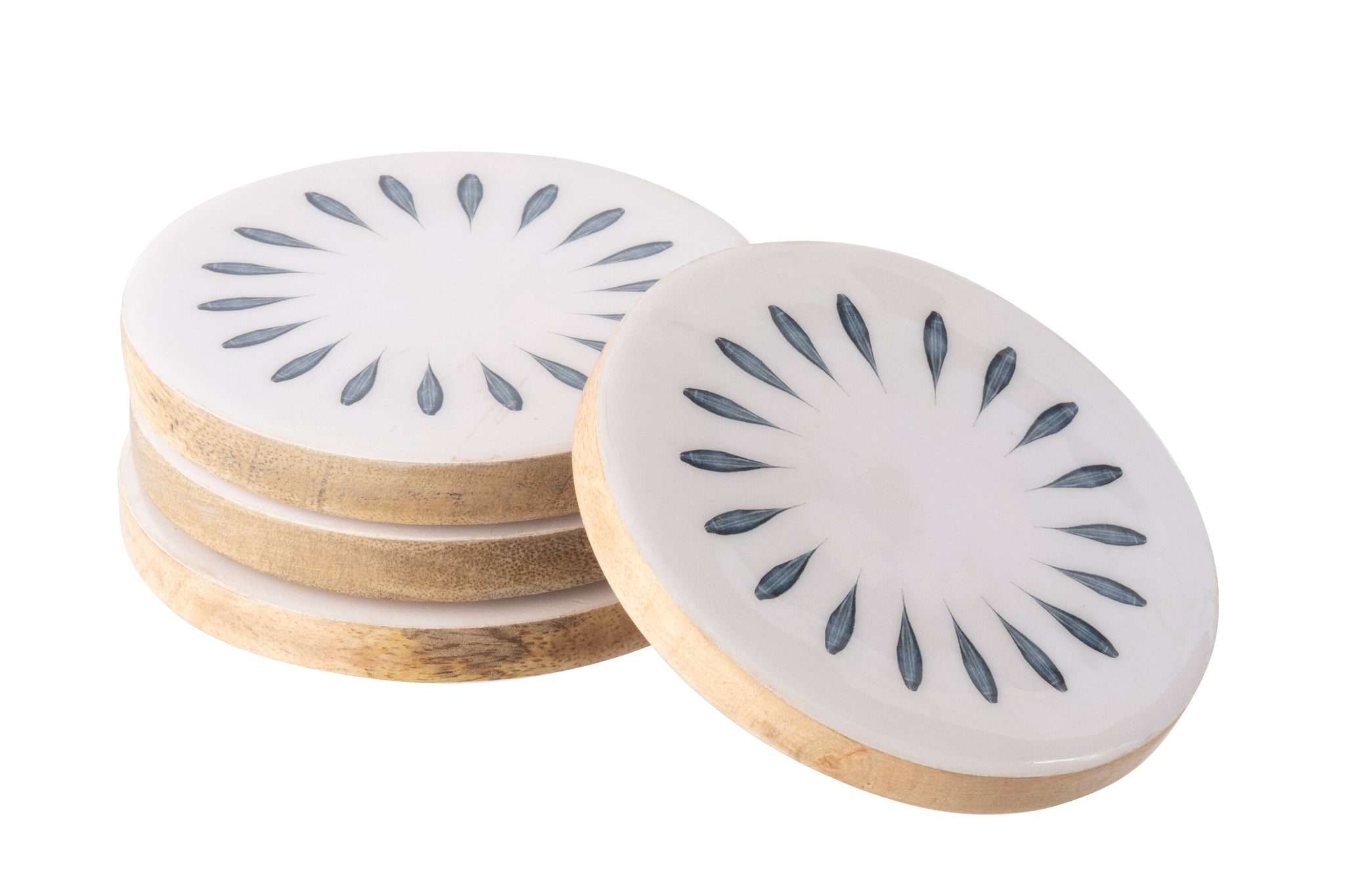 Untersetzer rund aus Mangoholz – Blau/Weiß (4er-Set)