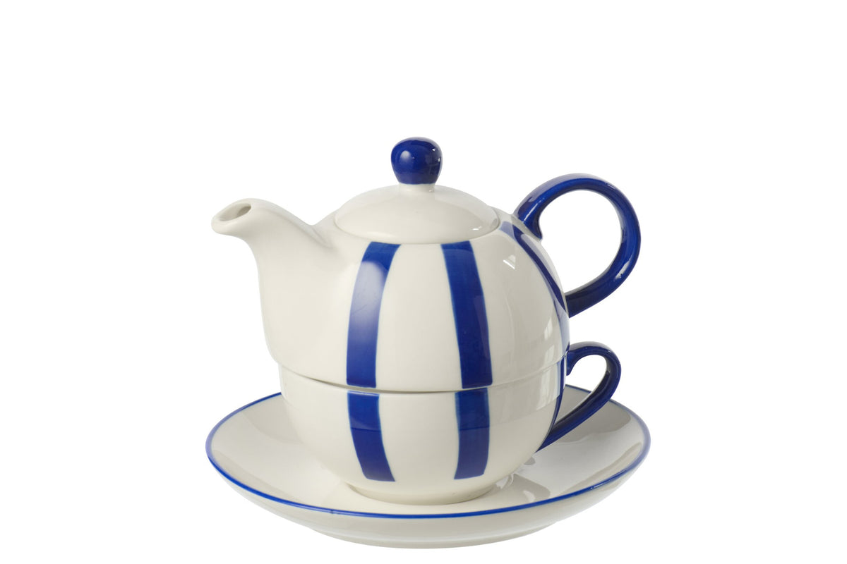 Teekanne mit Untertasse Blau Weiß gestreift