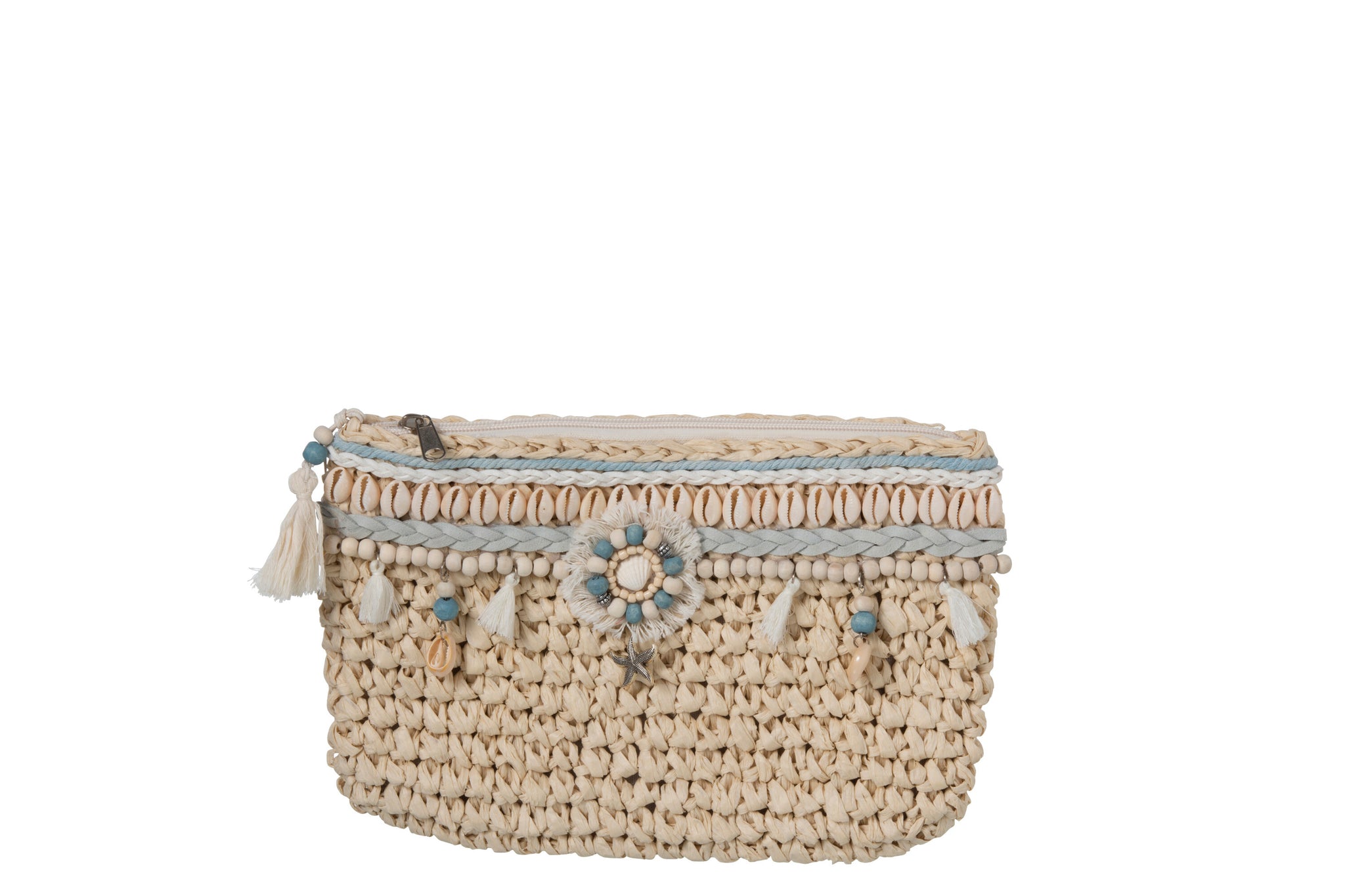 Clutch mit Perlen und Quaste, Blau/Ecru