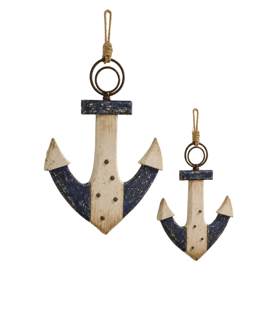 Maritimer Deko-Anker aus Holz in Blau, Weiß und Natur – stilvolle Wanddekoration im Küsten- und Strandhausstil.