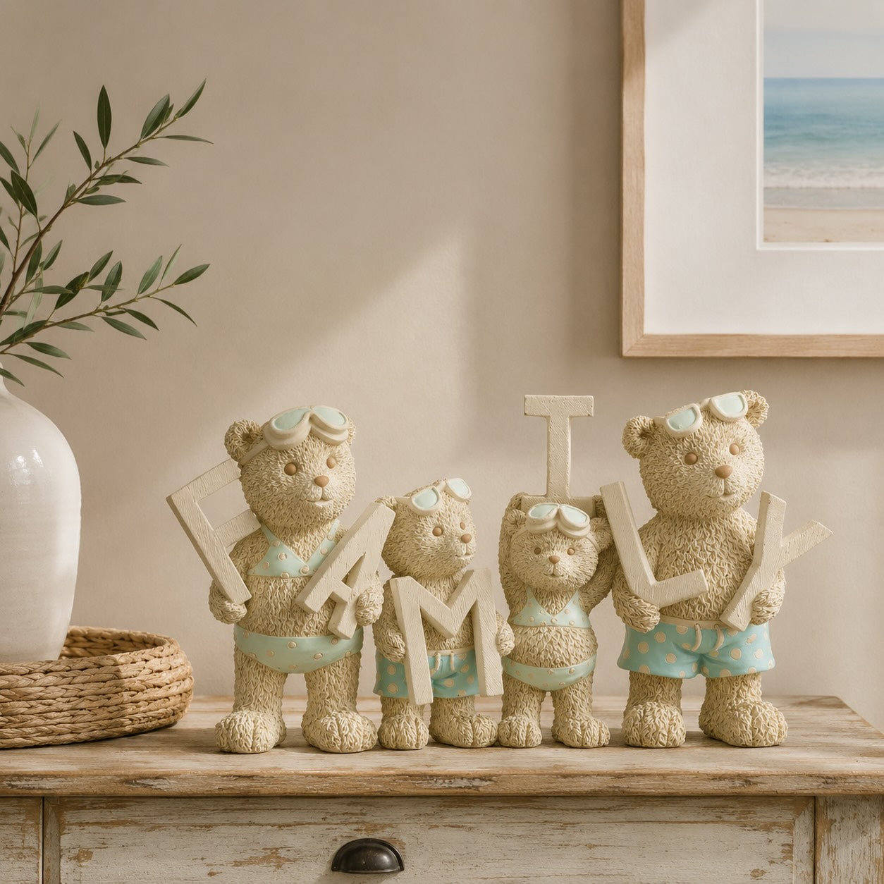 Bärenfamilie am Strand aus Polyresin - Beige/Hellblau