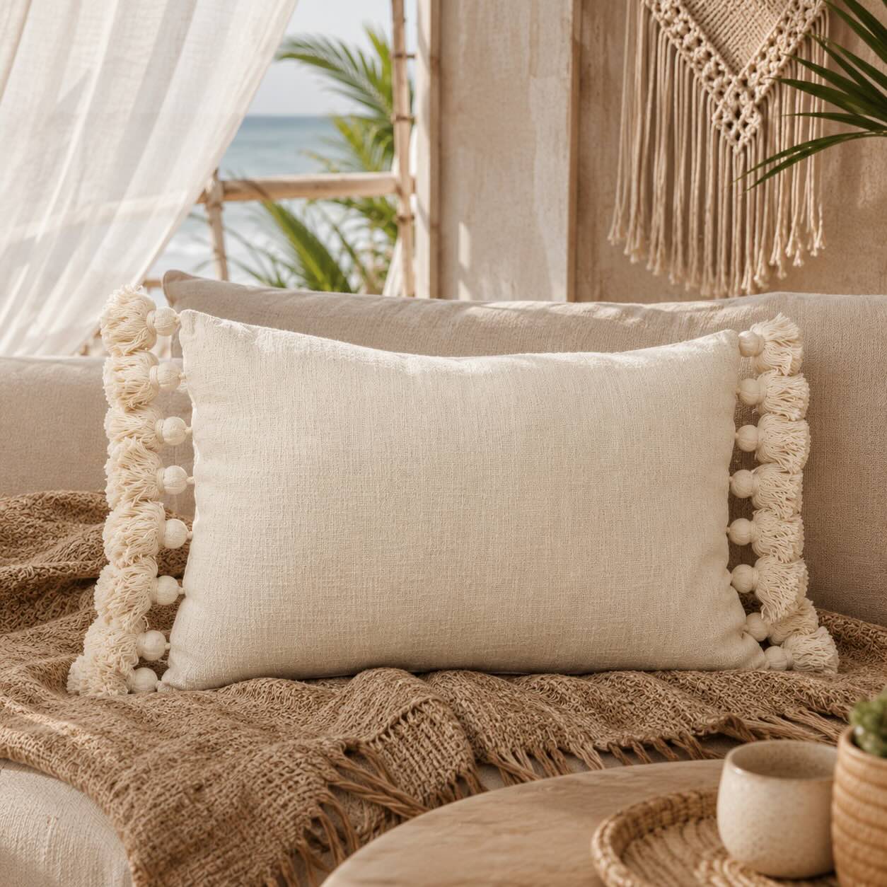Boho Kissen mit Quasten - Beige (Lang)
