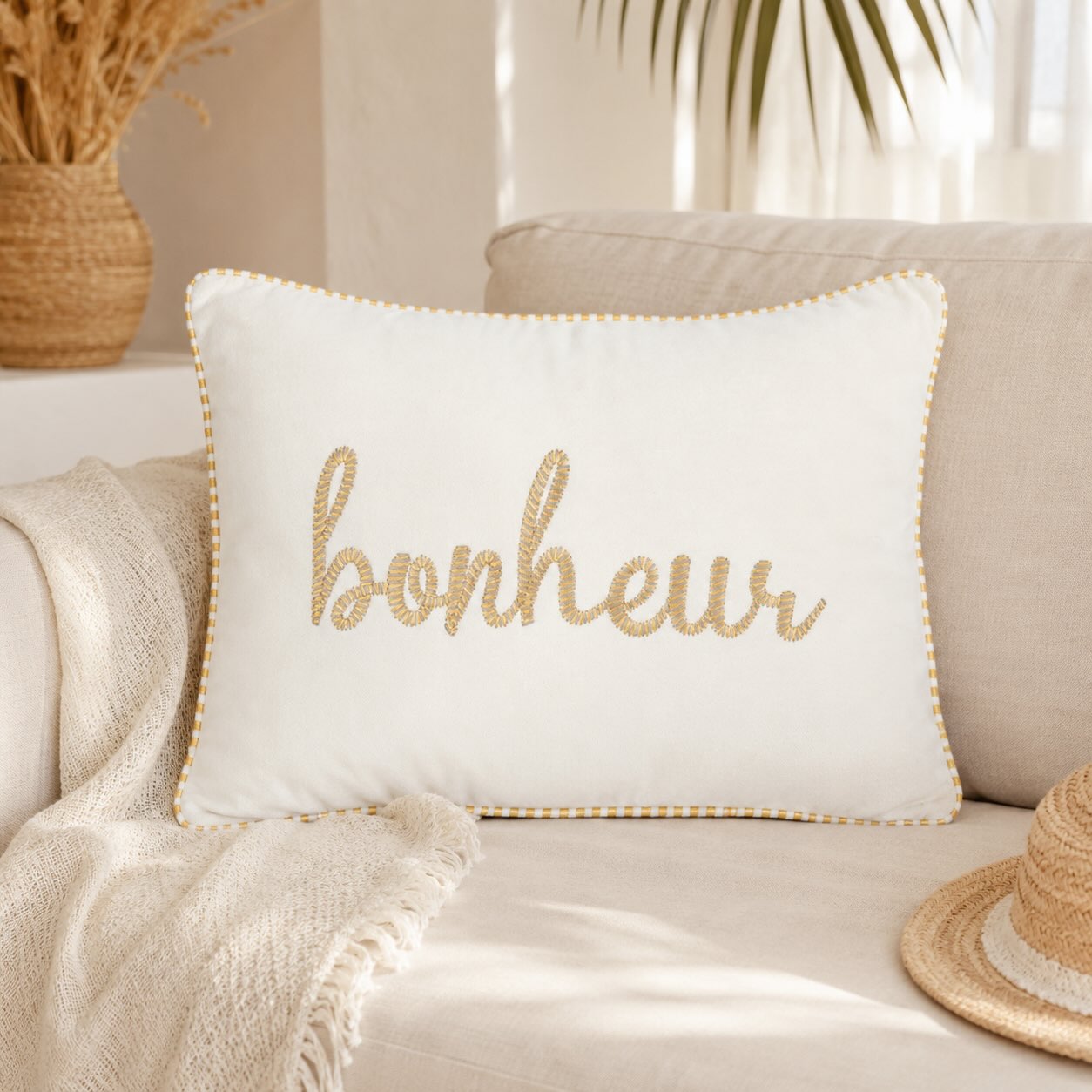 Dekokissen „Bonheur“ – Weiß/Gold