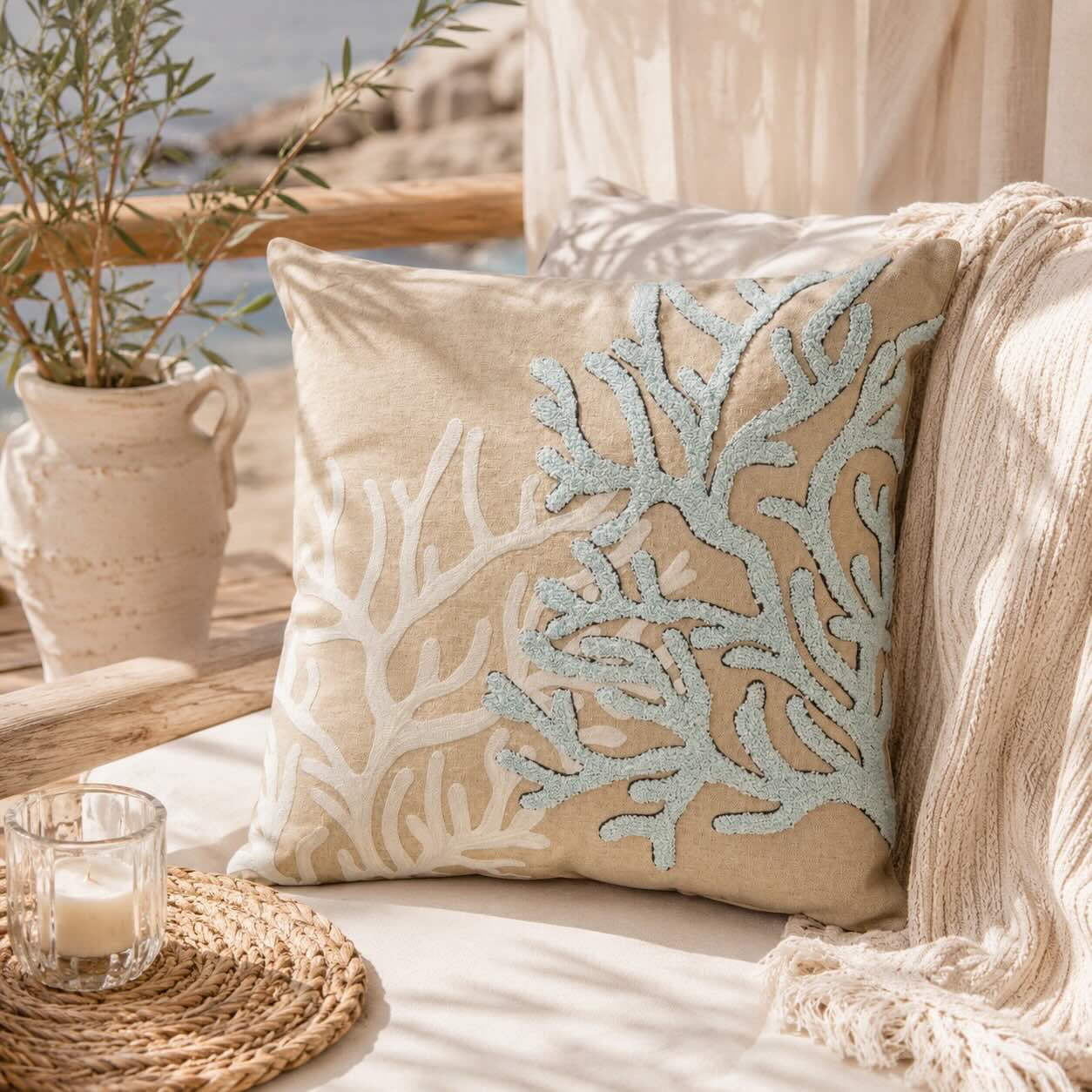 Cojín Coral Algodón Beige grisáceo/Celeste