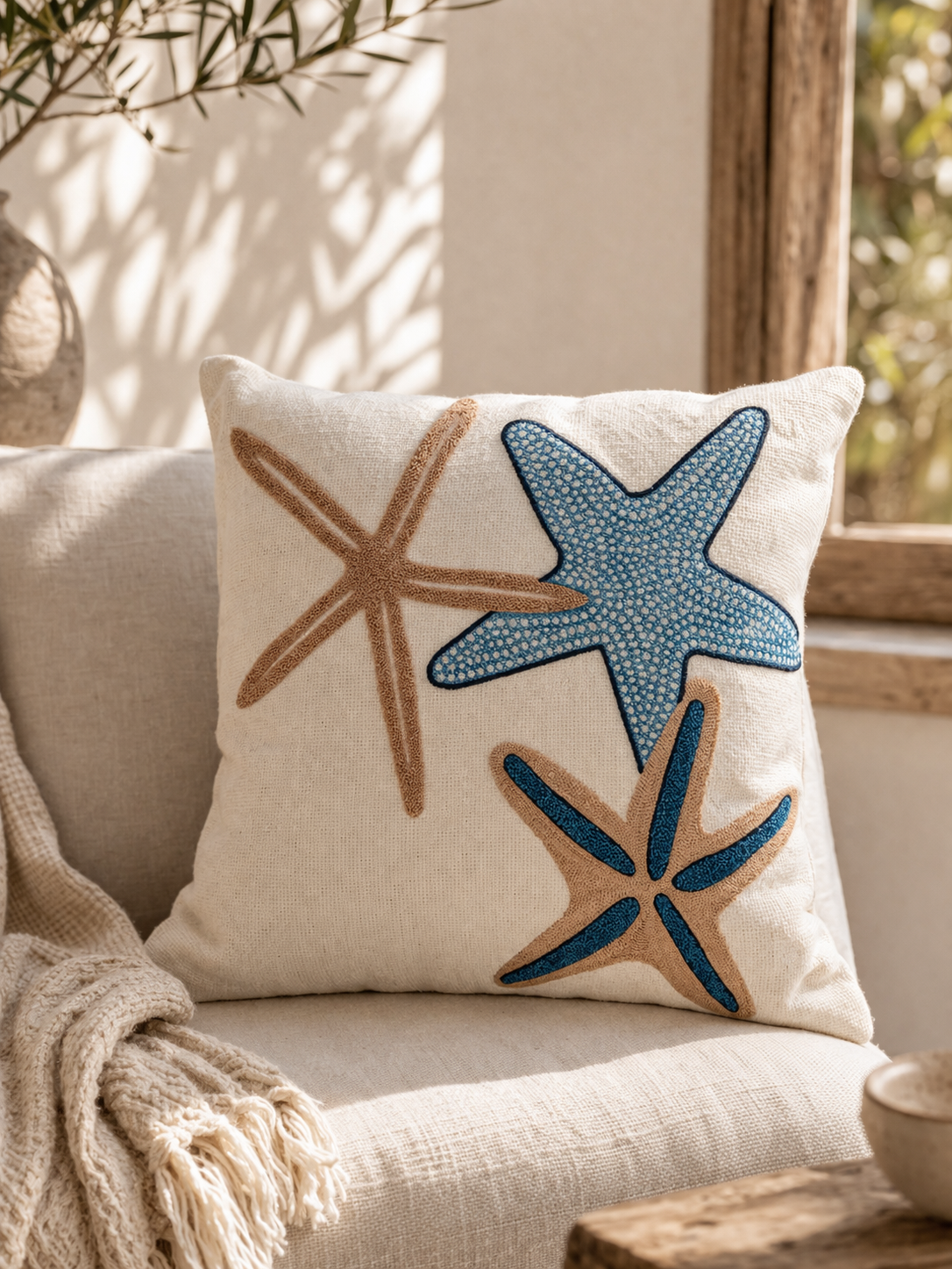 Decorative Cushion Starfish – Cotton – White/Blue