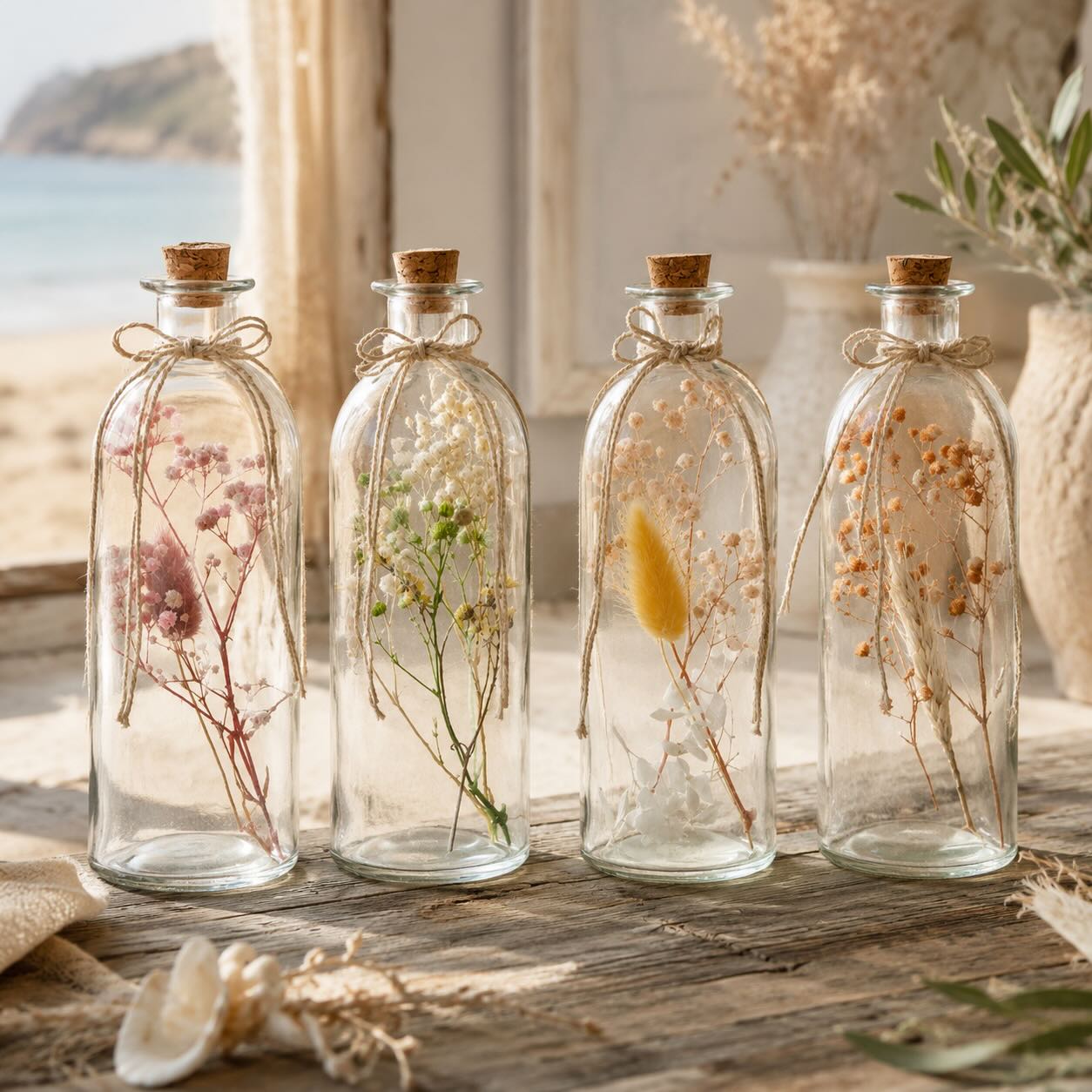 4er Set - Hängende Glasflaschen - Trockenblumen