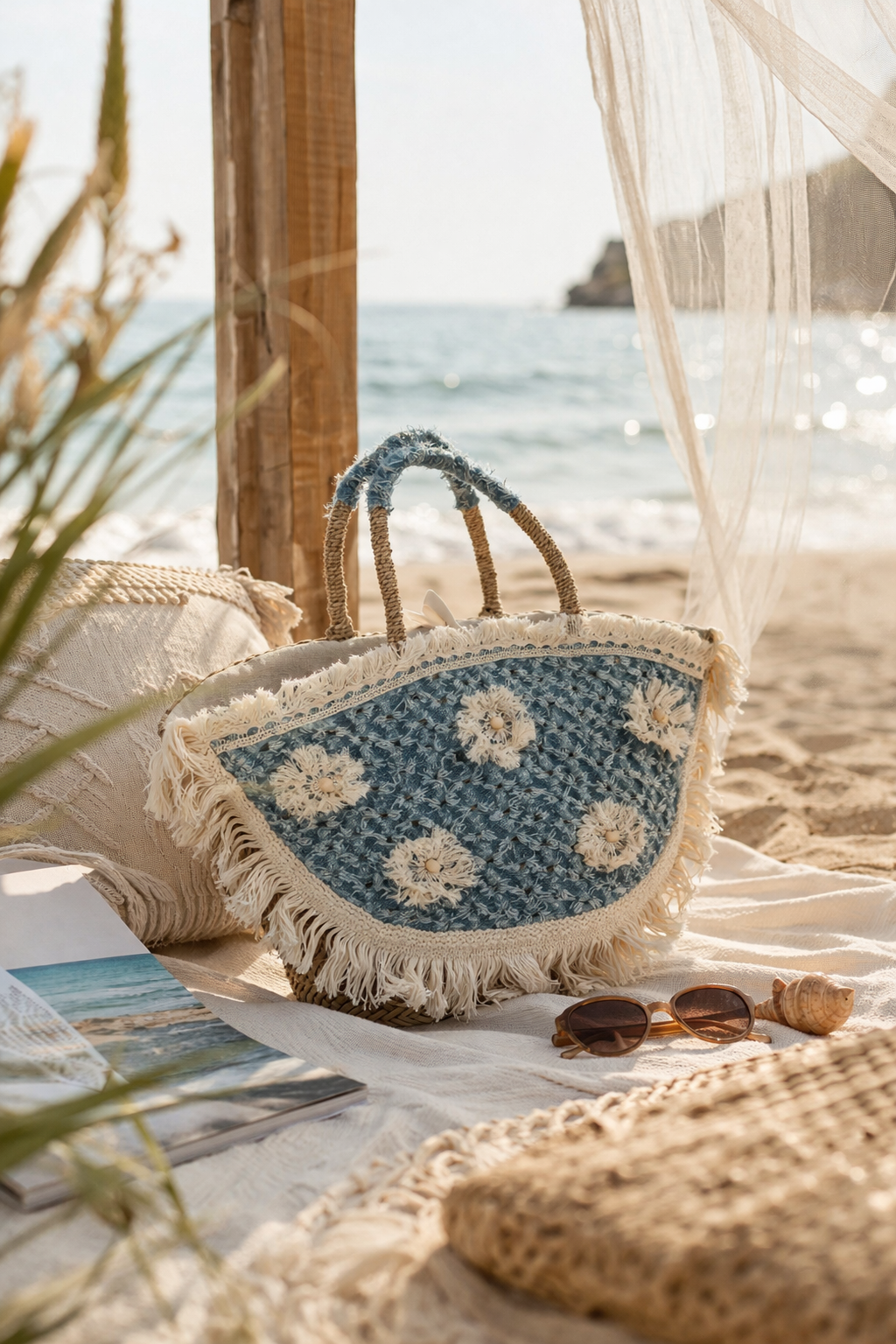 Beach Bag Flowers Fringe Denim Seagrass Natural Blue