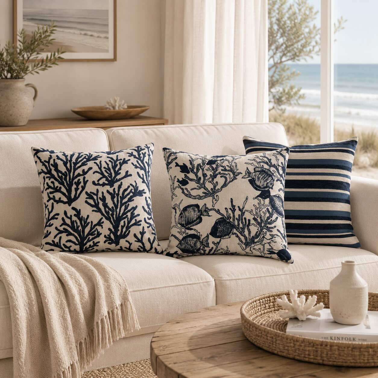 Blau weißes Kissen Set mit Streifen und Korallenmuster auf Sofa