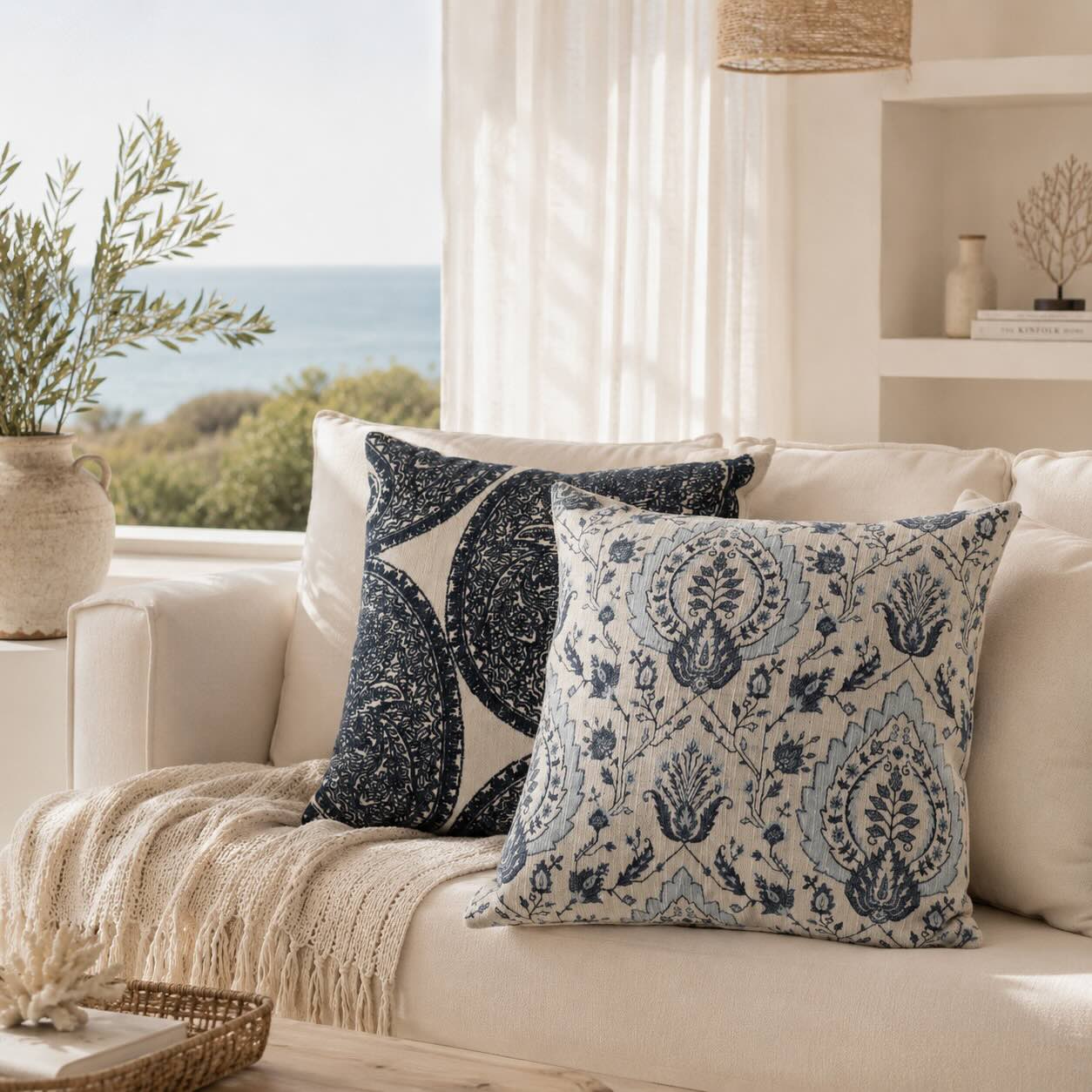 Floral Pattern Pillows – Blue / Off-White (Set of 2)