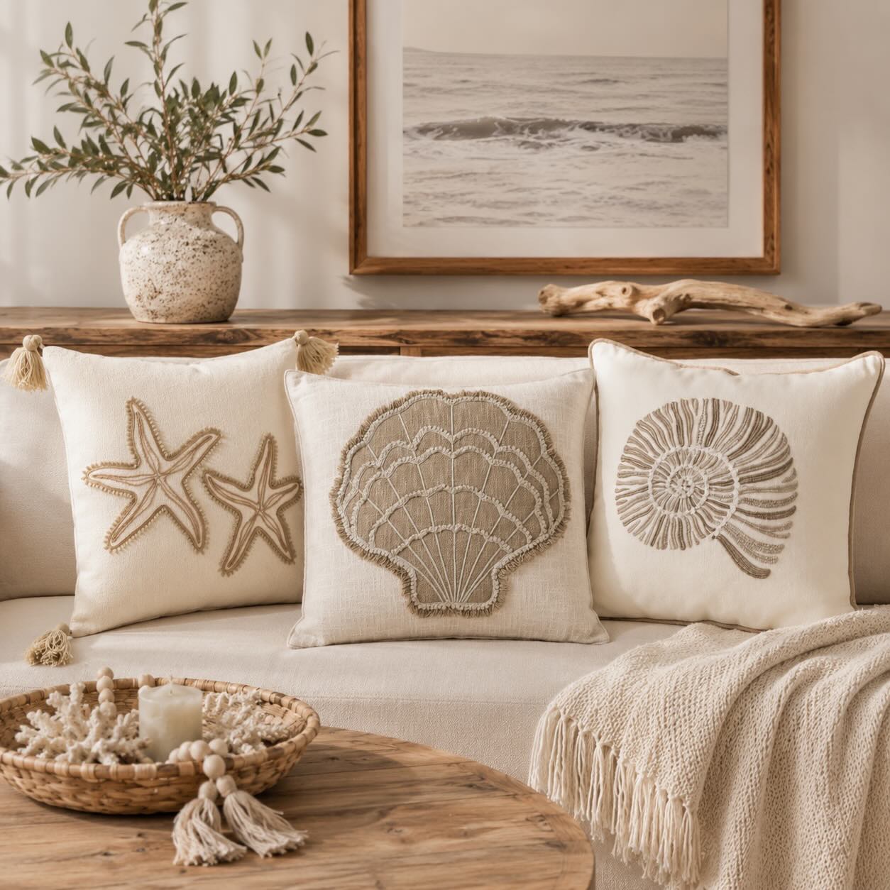 3er Set - Maritimes Kissen, Seestern, Muschel, Beige