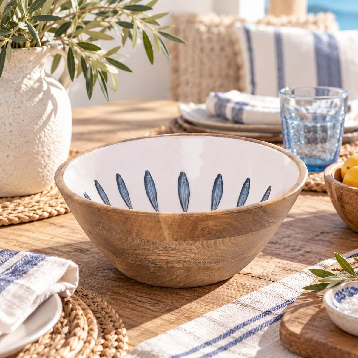 Schale ''Es Trenc'' aus Mango Holz Blau Weiß (L)