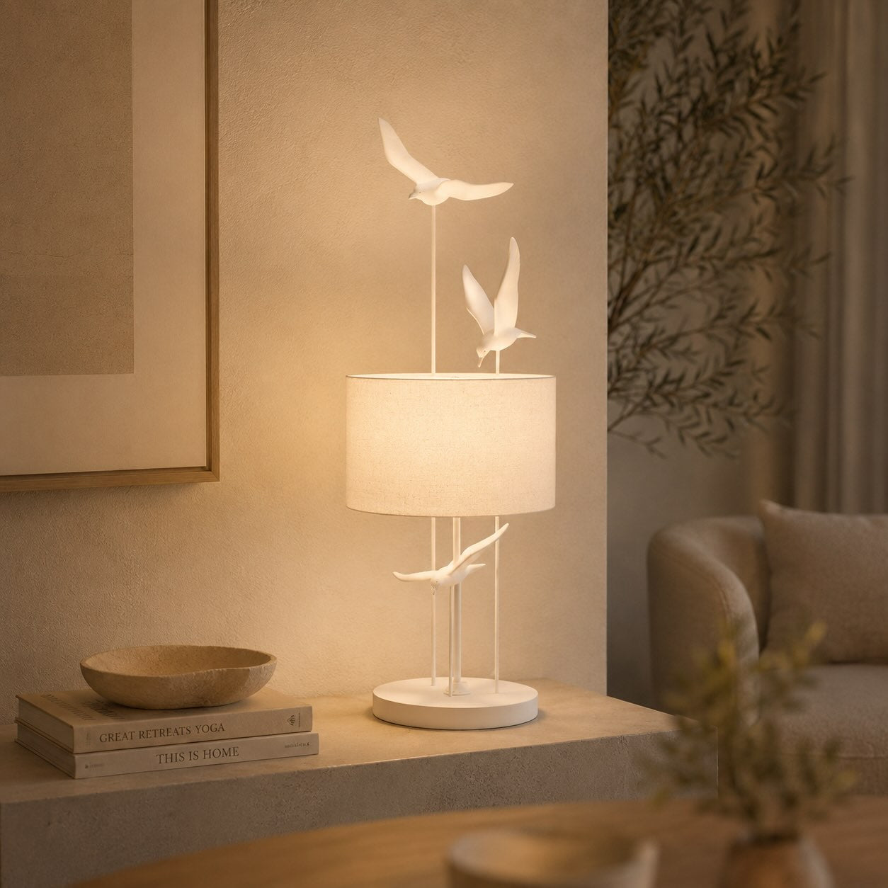 Tischlampe mit Vogel-Design - Weiss / Beige