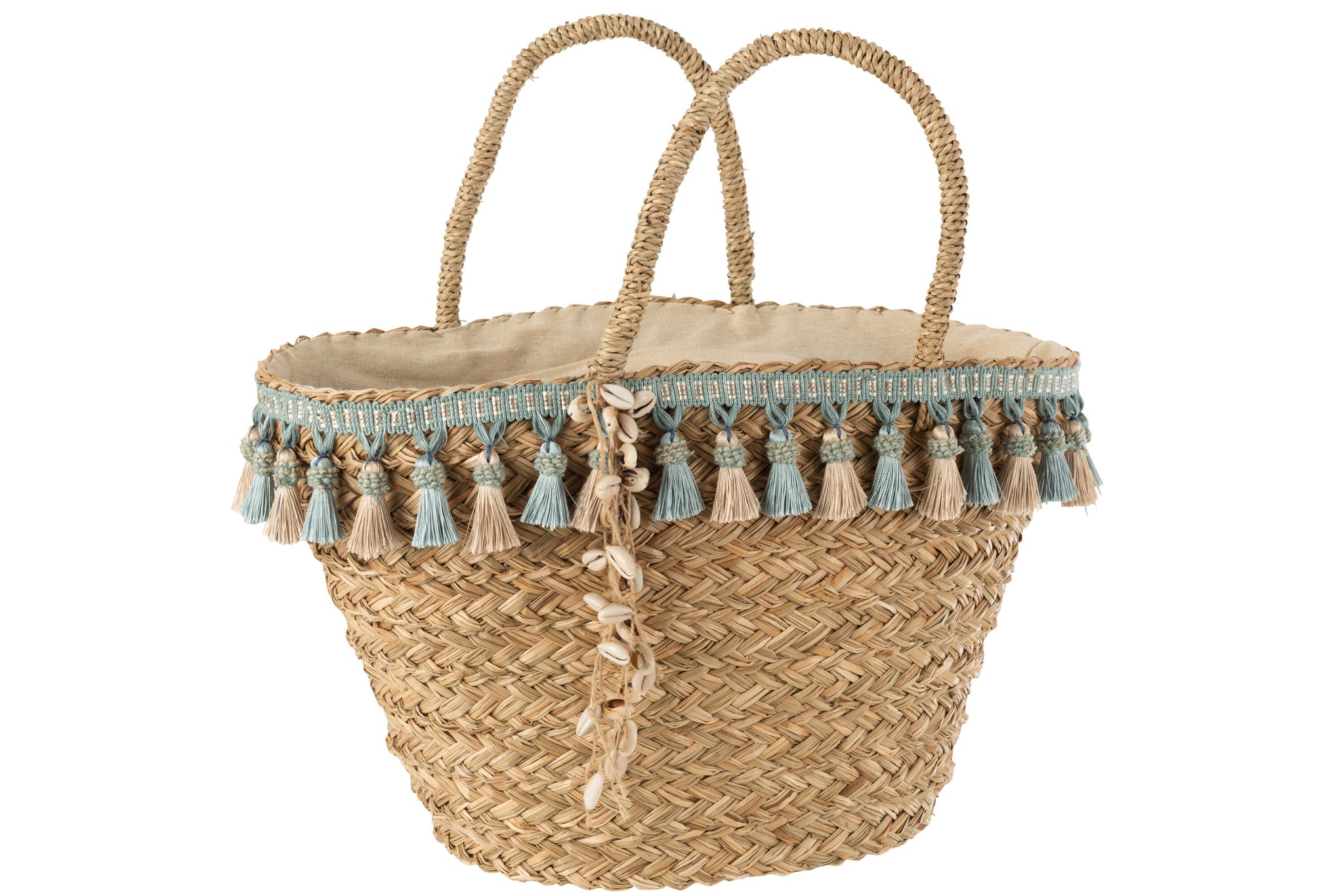 Geflochtene Strandtasche aus Seagrass mit blauen Quasten