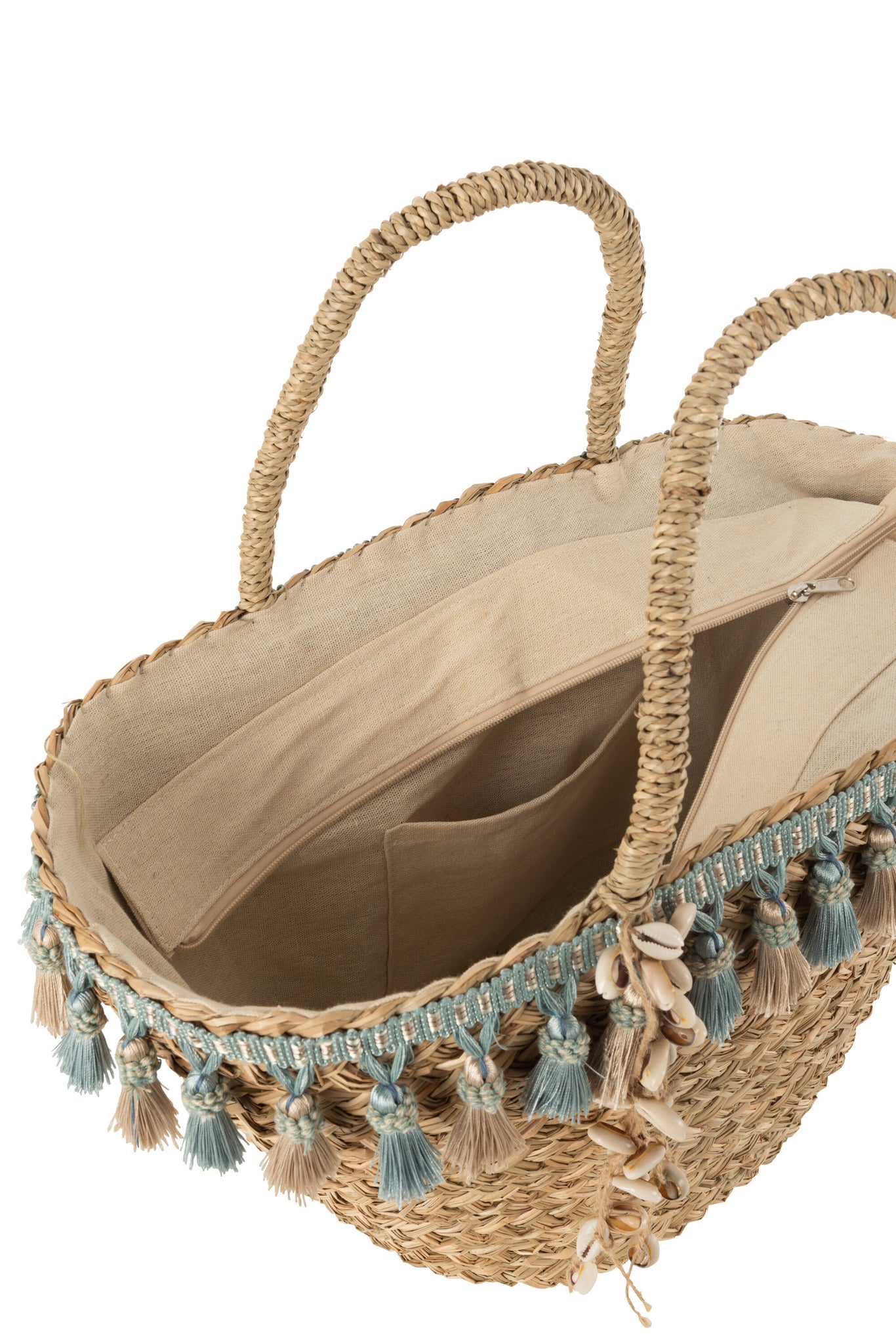 Innenansicht Strandtasche aus Naturmaterial mit Griffen