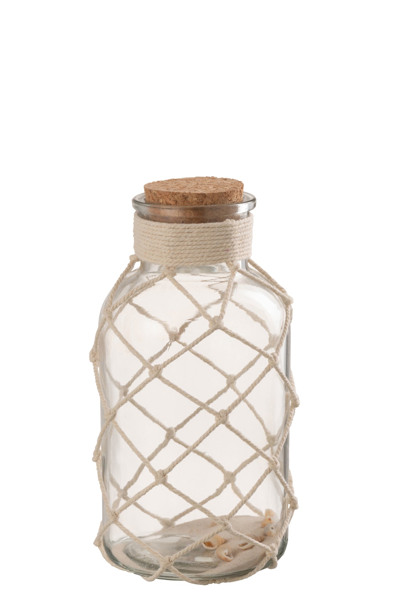 Vase décoratif transparent grand format, sable et coquillages