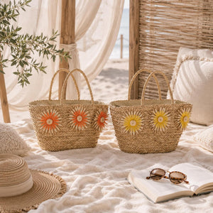 Lot de 2 - Sac en jonc de mer avec tournesol - Jaune/Orange