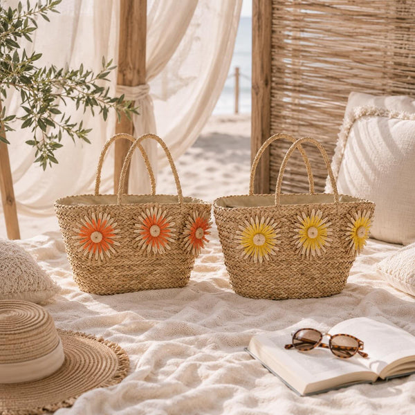 Lot de 2 - Sac en jonc de mer avec tournesol - Jaune/Orange