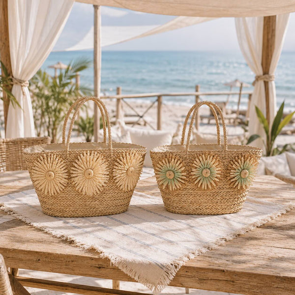 Lot de 2 - Sac en jonc de mer avec tournesol - Naturel/Vert