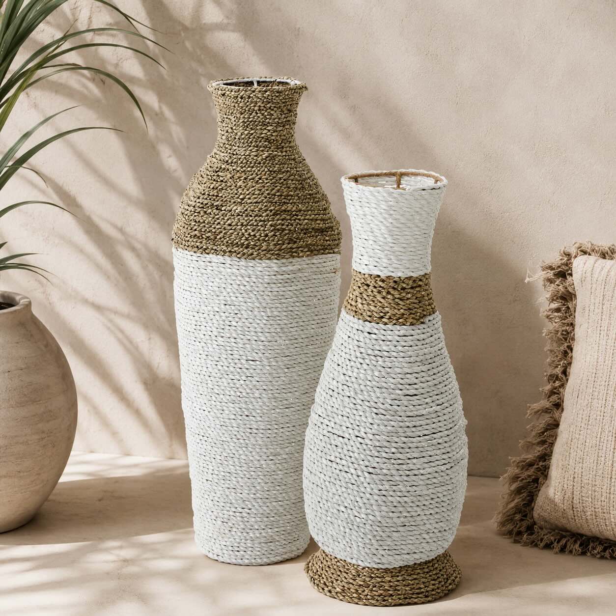 2er Set - Bodenvasenaus aus Raffia & Seegras, Weiß/Natur