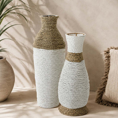 2er Set - Bodenvasenaus aus Raffia & Seegras, Weiß/Natur
