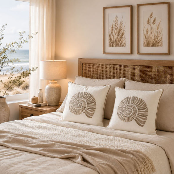 Juego de 2 cojines decorativos - Conchas - Algodón - Crema/Beige