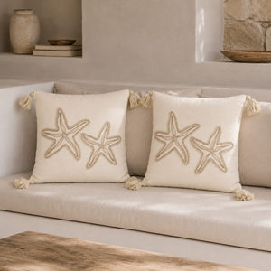 Set de 2 cojines decorativos de estrella de mar beige con borlas