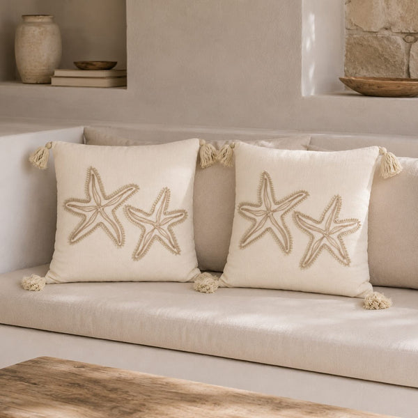 Set de 2 cojines decorativos de estrella de mar beige con borlas
