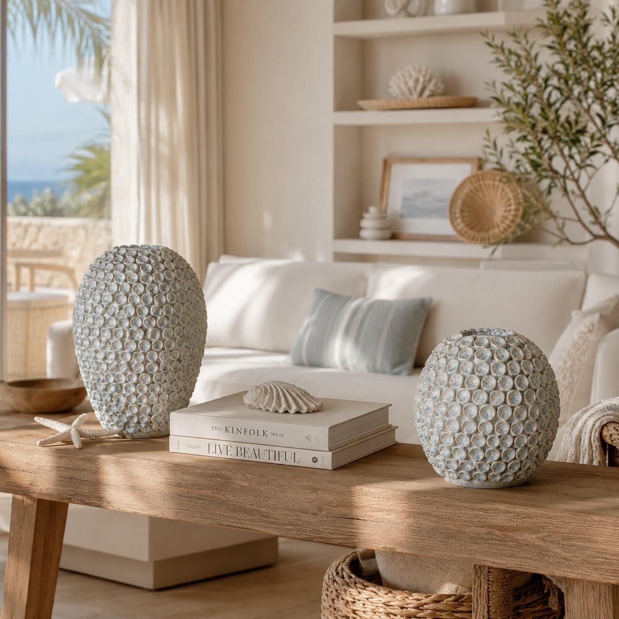 2er Set - Designer Vase Hellblau Struktur Keramik (L) + (M)