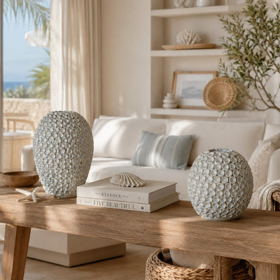 2er Set - Designer Vase Hellblau Struktur Keramik (L) + (M)