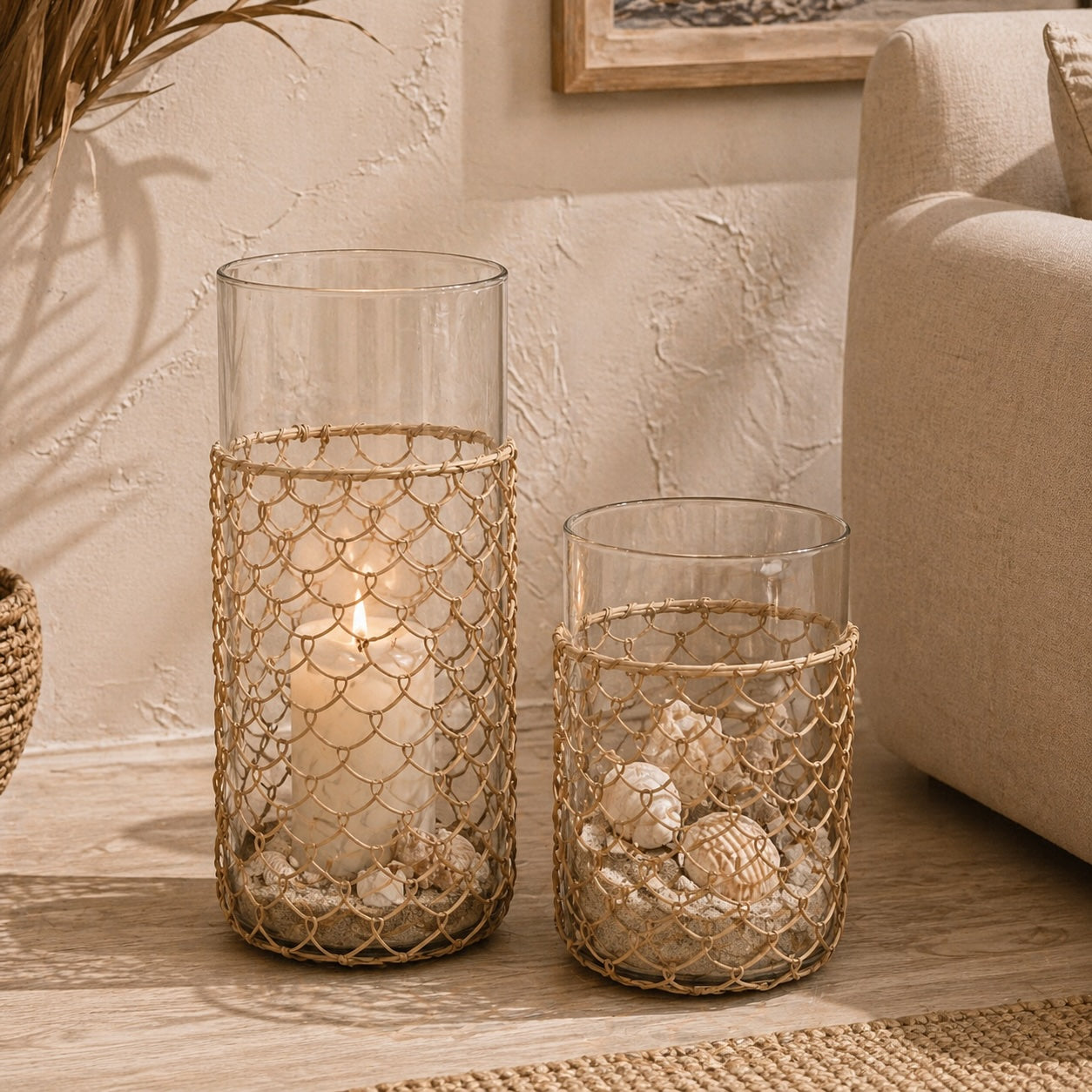 Lot de 2 - Vase en verre avec tressage de jute (M) + (L)