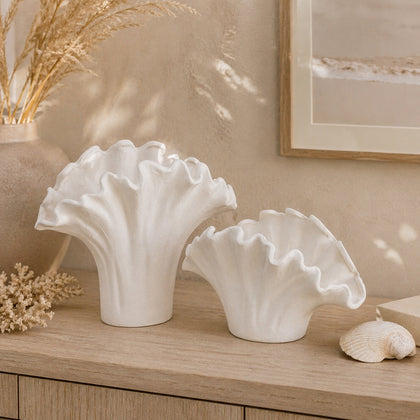 2er Set - Weiße Porzellanvase – Blumenform (M) + (L)
