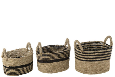 Raffiakorb-Set Natur Schwarz aus Seegras mit drei Körben