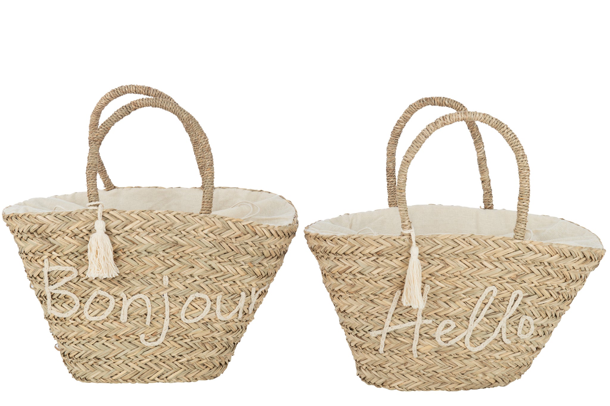 jute tasche mit quaste und schriftzug hello bonjour